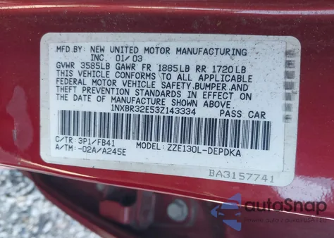 2003 Toyota Corolla Ce from USA, damaged, VIN 1NXBR32E53Z143334